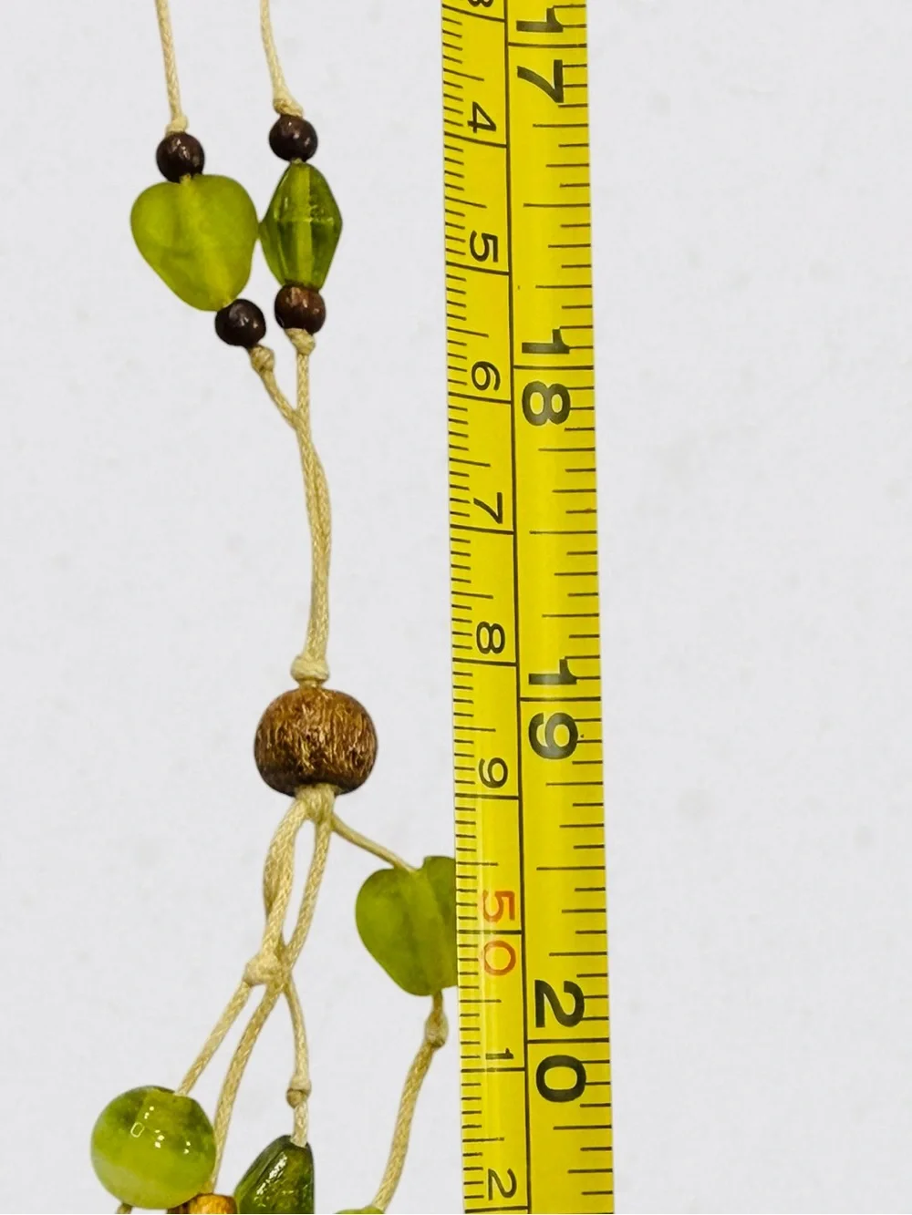 Handmade Glass Lime Green Brown Wood Bead Necklace 38” Boho Dangle Statement
